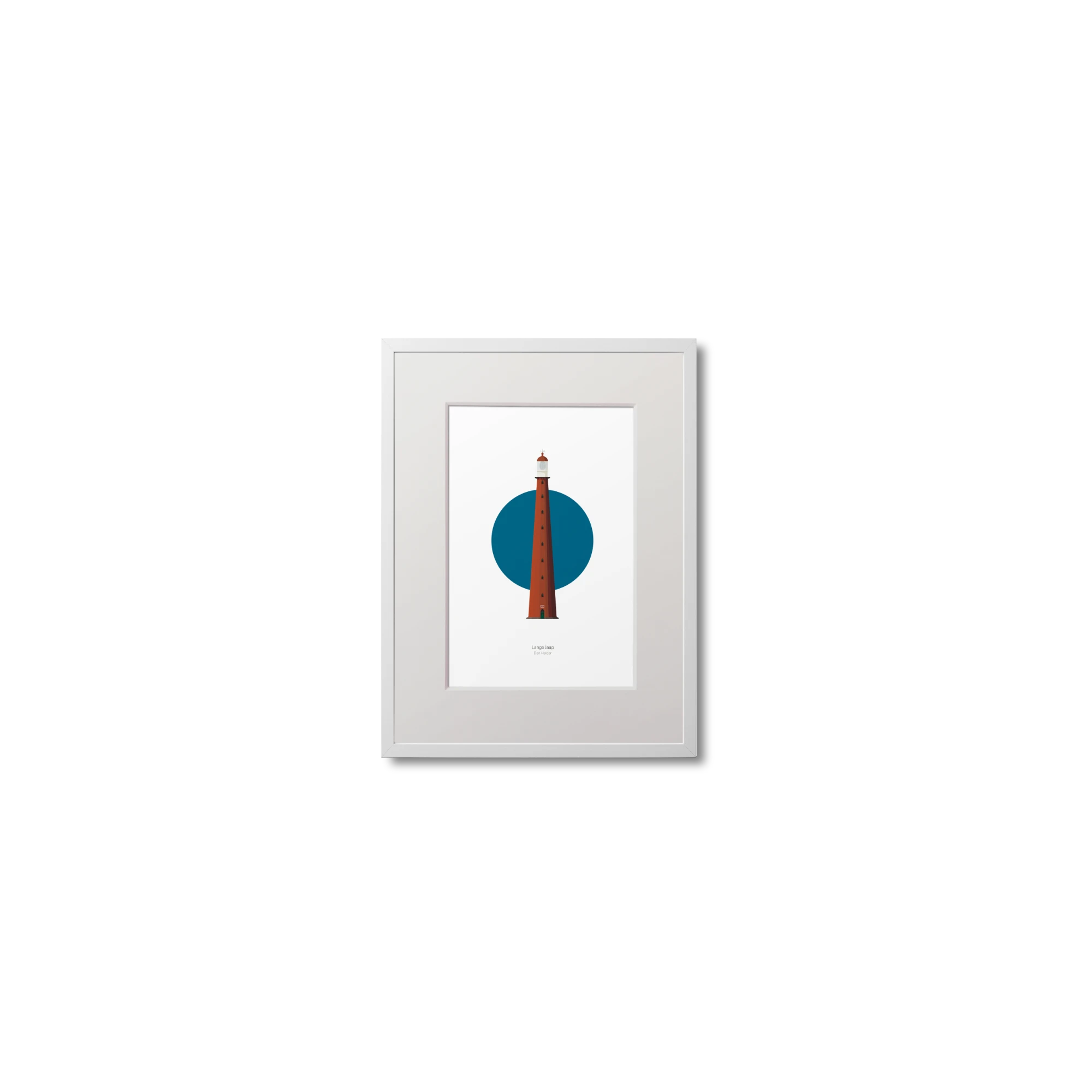 Framed lighthouse artwork with a blue circle and red tower on a white background