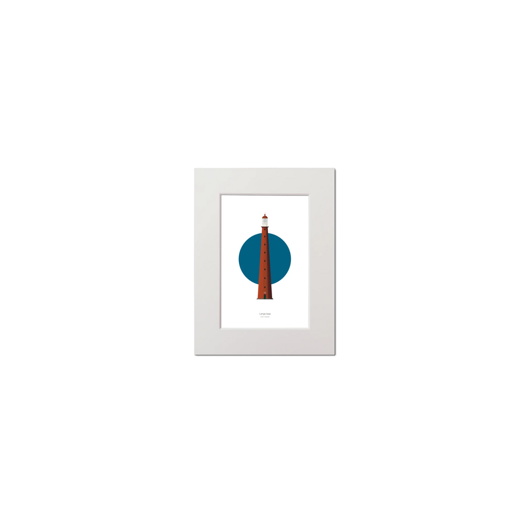 Artwork of Dutch lighthouse Lange Jaap with a blue circular background on white