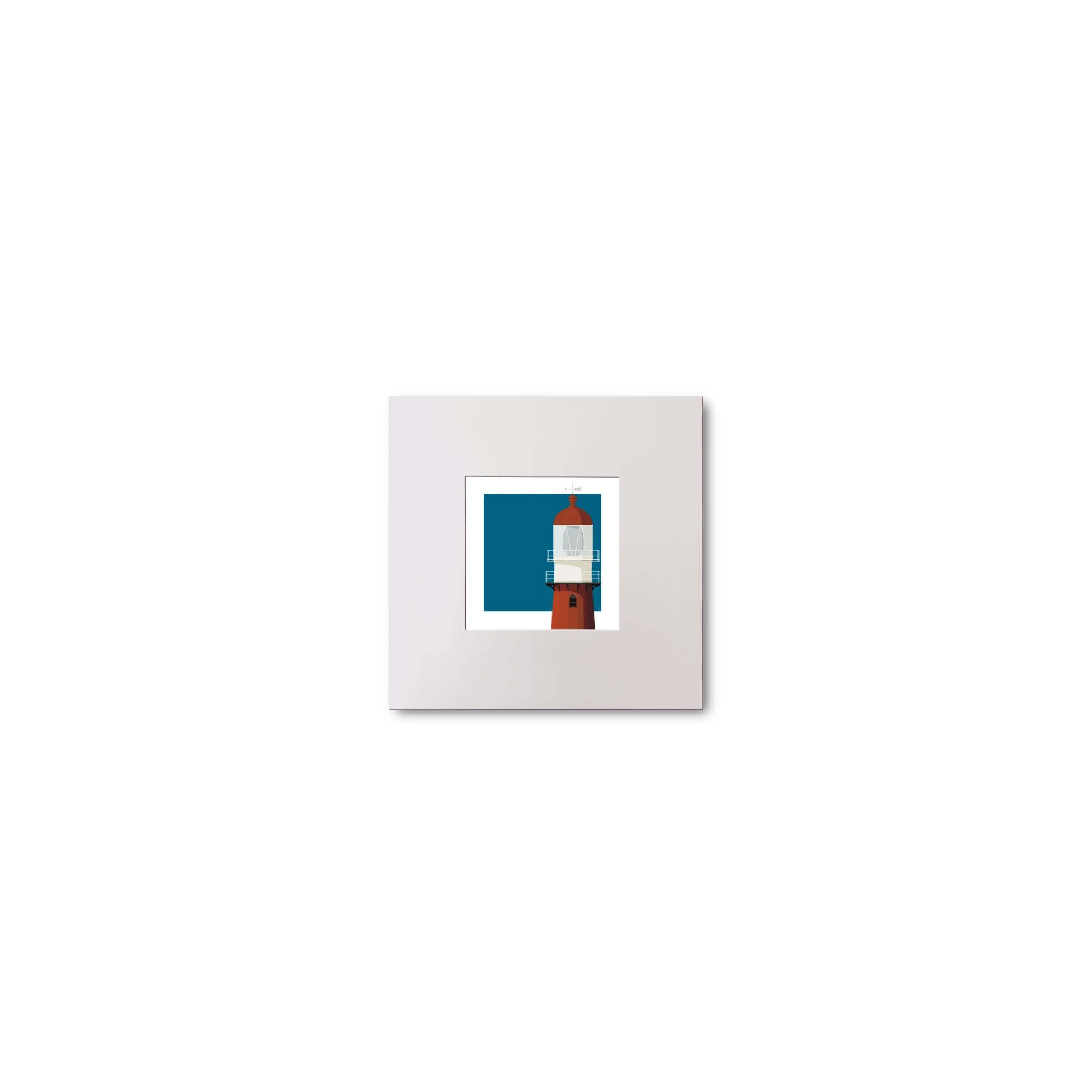 Small illustrated square print of a red lighthouse on a blue square background.
