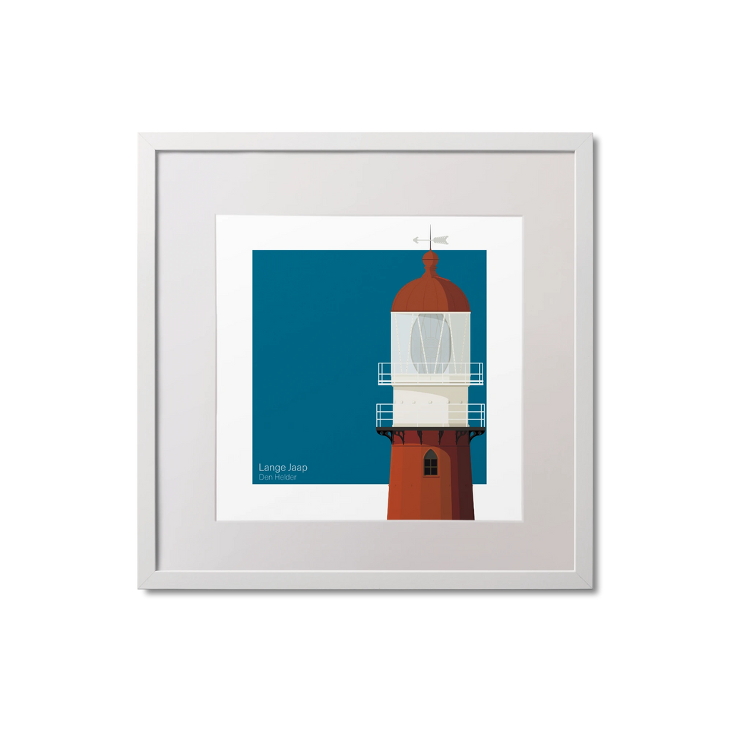 Square framed art print of a red lighthouse on a blue square background.
