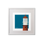 Square framed art print of a red lighthouse on a blue square background.