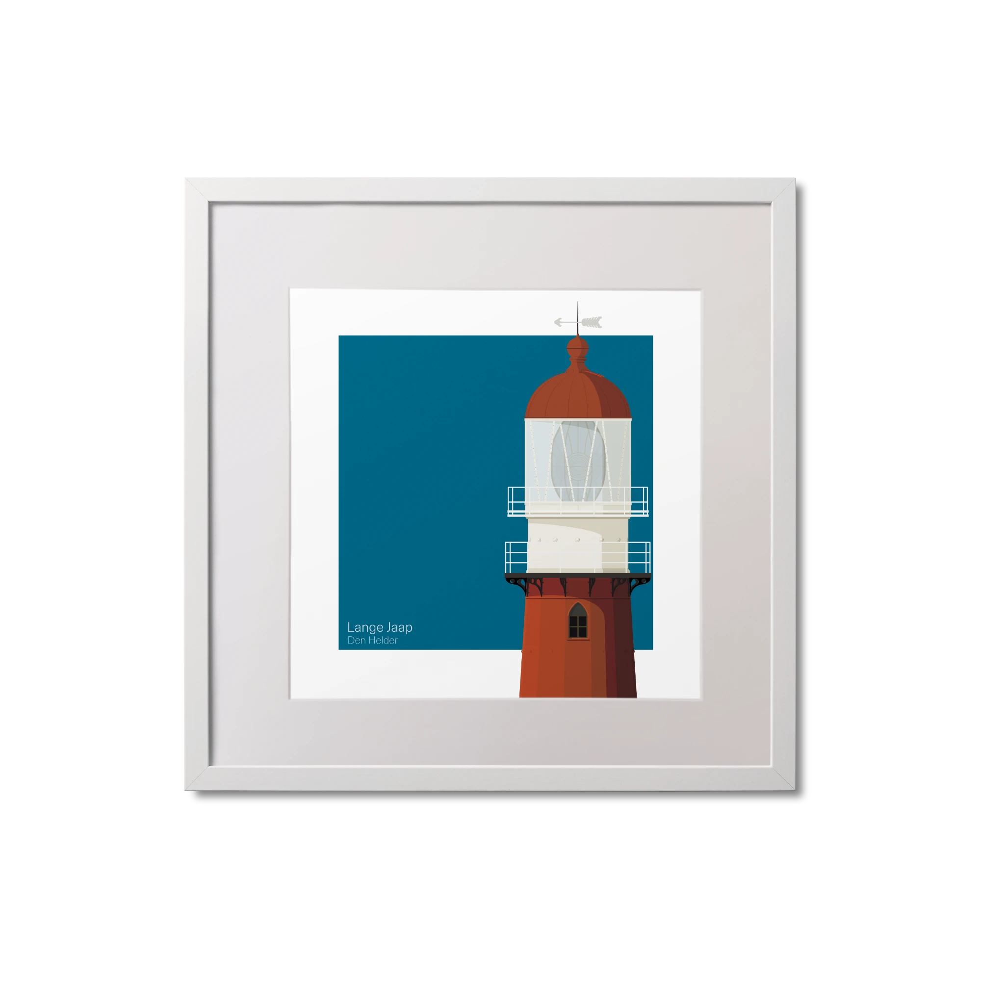 Square framed art print of a red lighthouse on a blue square background.