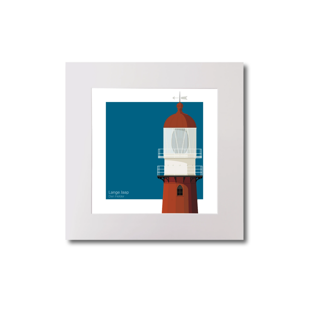 Medium sized square art print of a red lighthouse on a blue square background.
