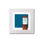 Medium sized square art print of a red lighthouse on a blue square background.