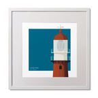 Square framed art print of a red lighthouse on a blue square background.