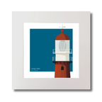 Square art print of a red lighthouse on a blue square background.