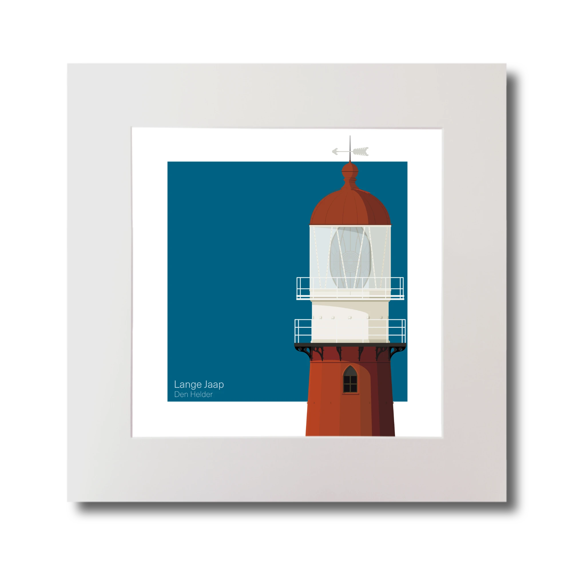 Square art print of a red lighthouse on a blue square background.