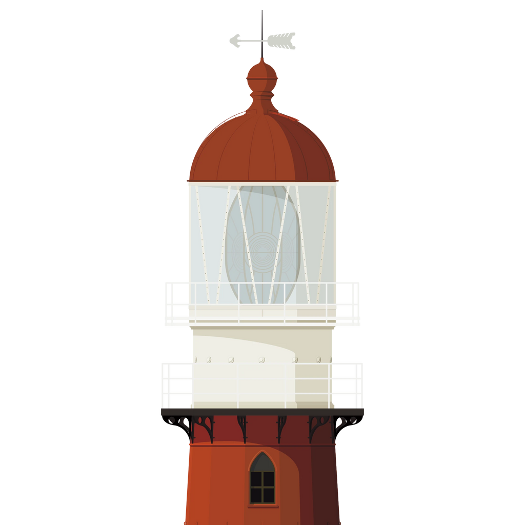 Detail of  an Illustration of a lighthouse with a red tower white and blue background