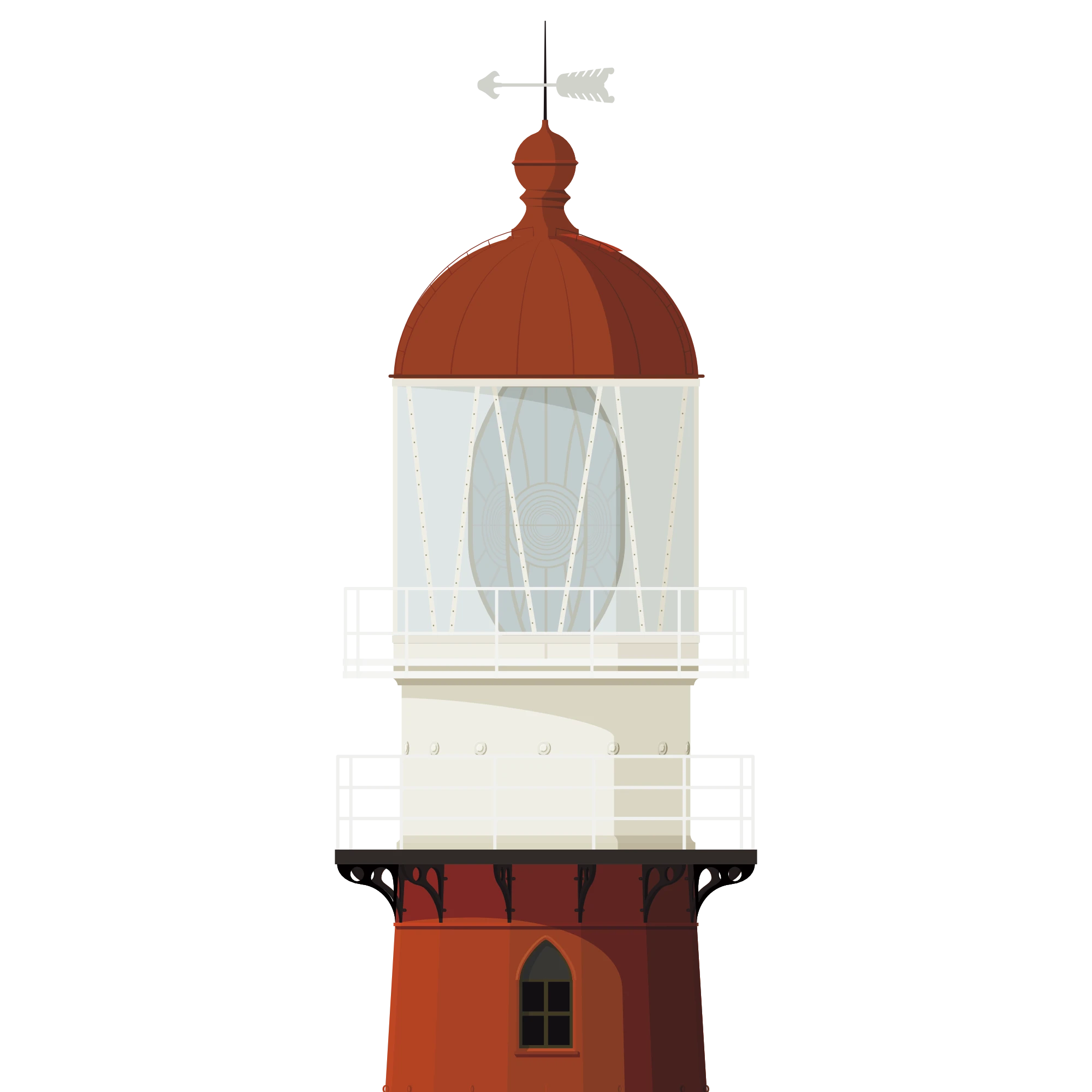 Detail of  an Illustration of a lighthouse with a red tower white and blue background