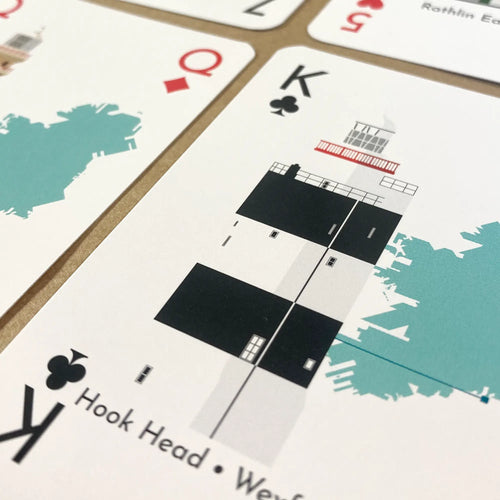 Close-up of lighthouse of Ireland playing cards with Hook Head visible and text plus symbols