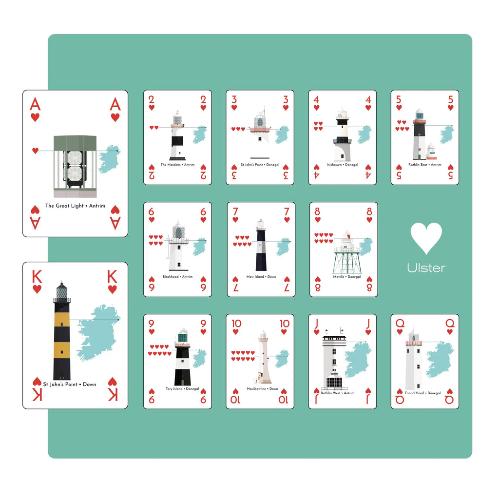 The Ulster suit preview in the lighthouses of Ireland playing cards s on a teal background.