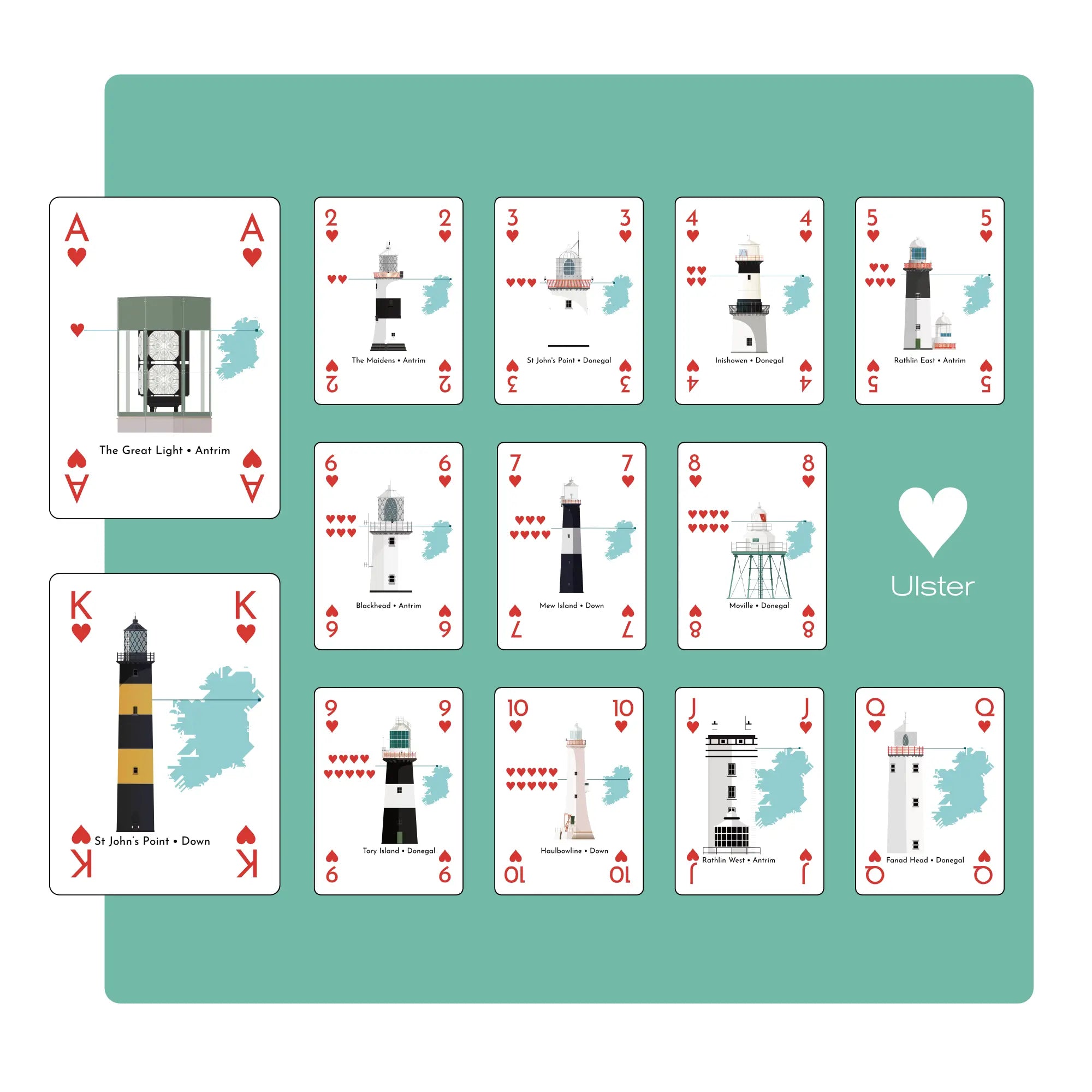 The Ulster suit preview in the lighthouses of Ireland playing cards s on a teal background.