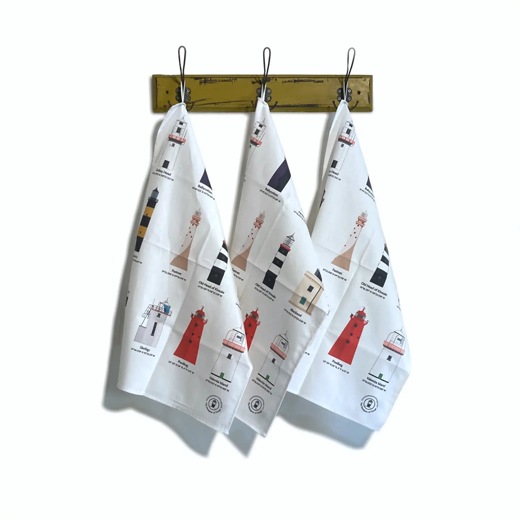 12 Lighthouses of Ireland tea towel