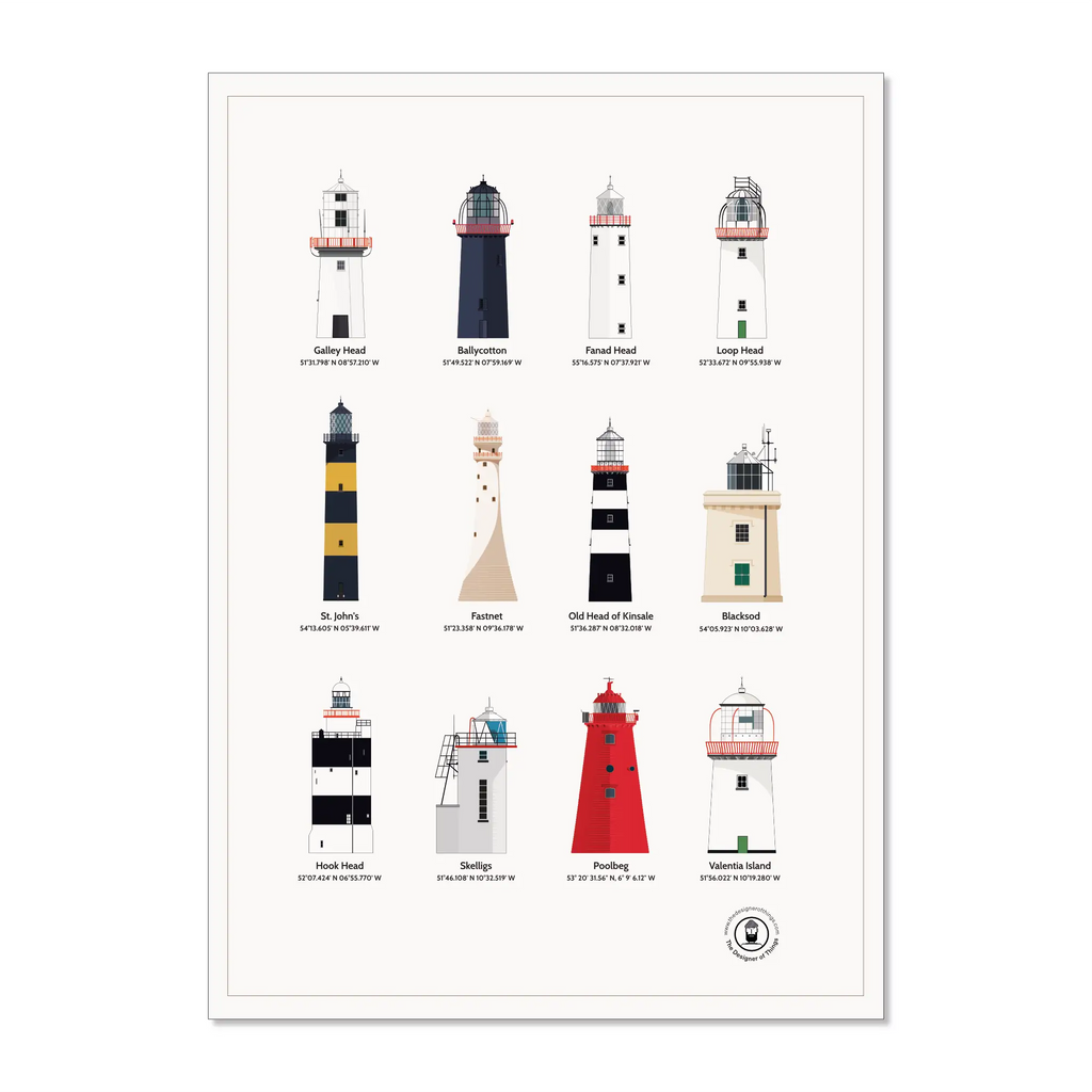 12 Lighthouses of Ireland tea towel