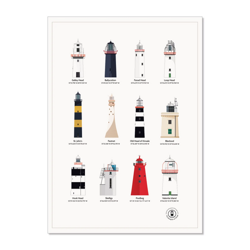 12 Lighthouses of Ireland tea towel