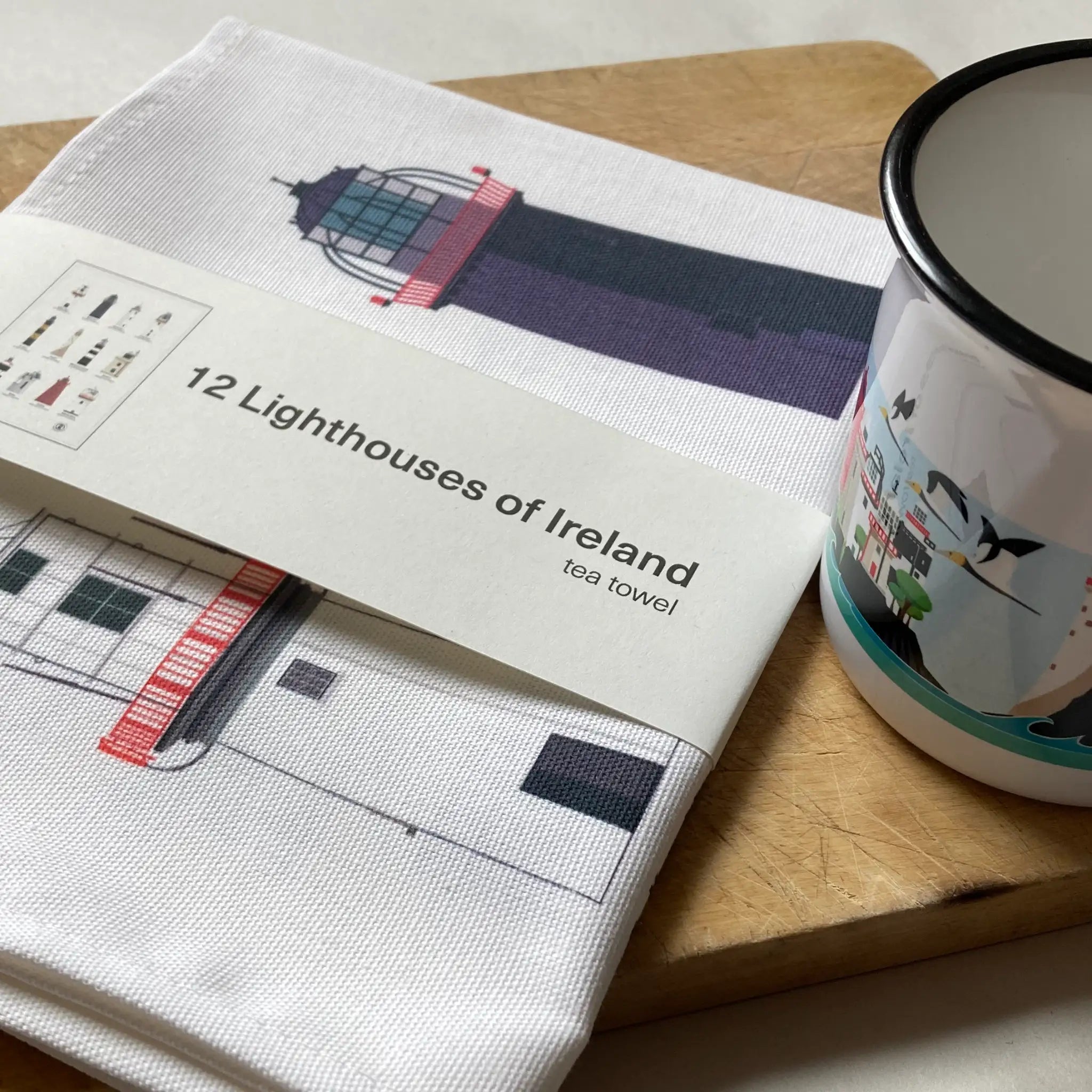 12 Lighthouses of Ireland tea towel