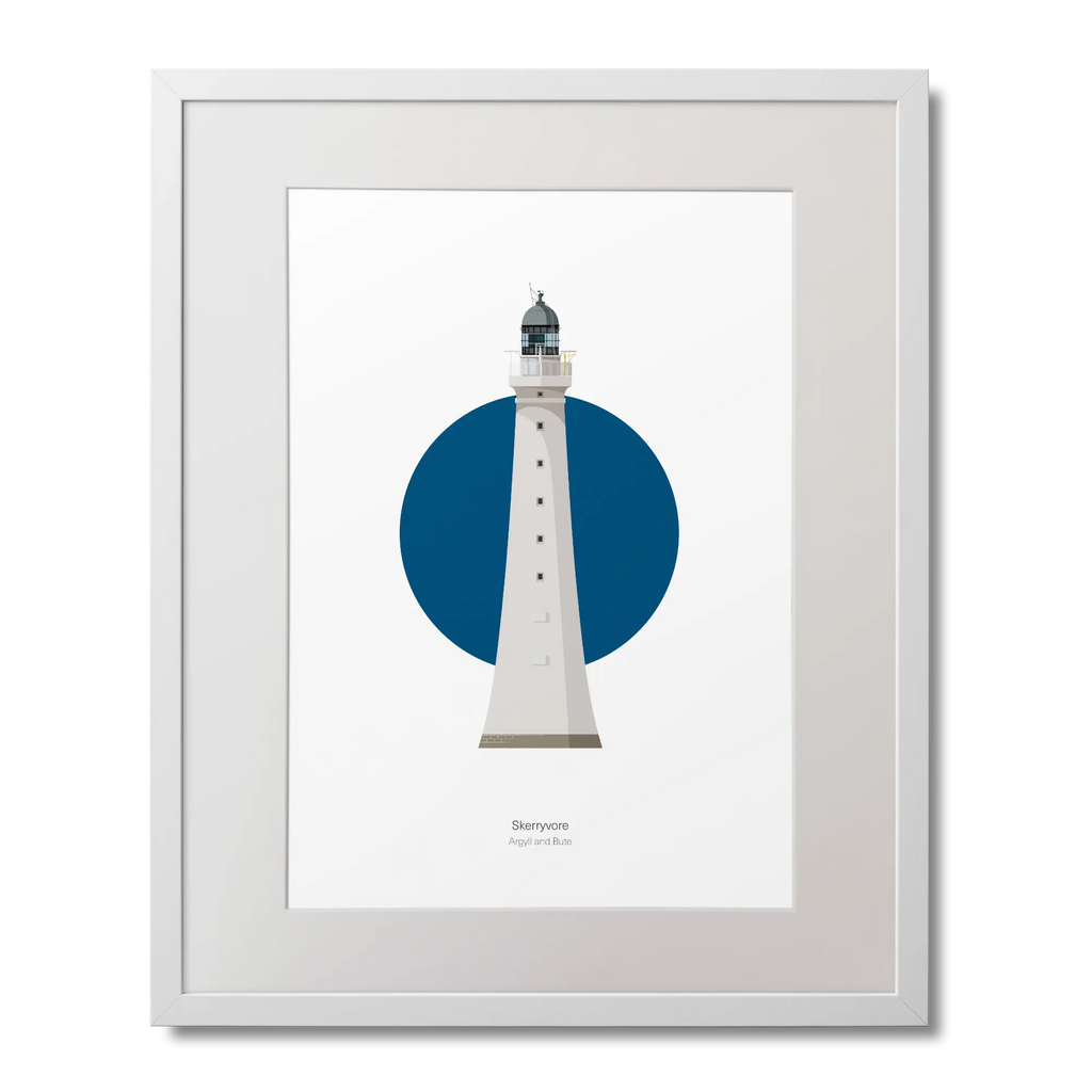 Framed artwork of a lighthouse with a blue circle on a white background