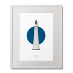 Framed artwork of a lighthouse with a blue circle on a white background