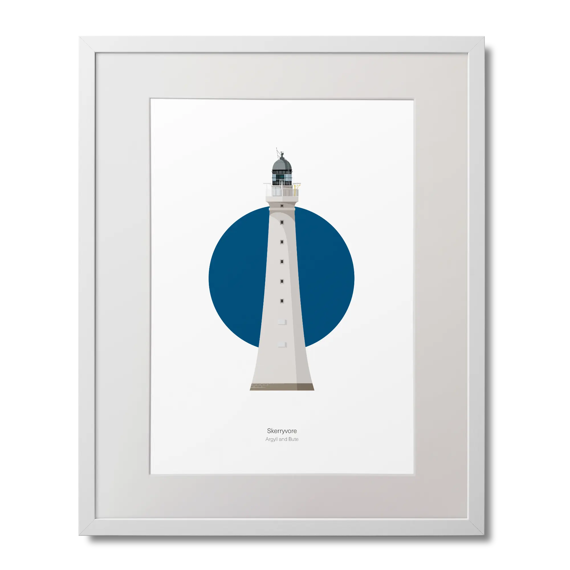 Framed artwork of a lighthouse with a blue circle on a white background
