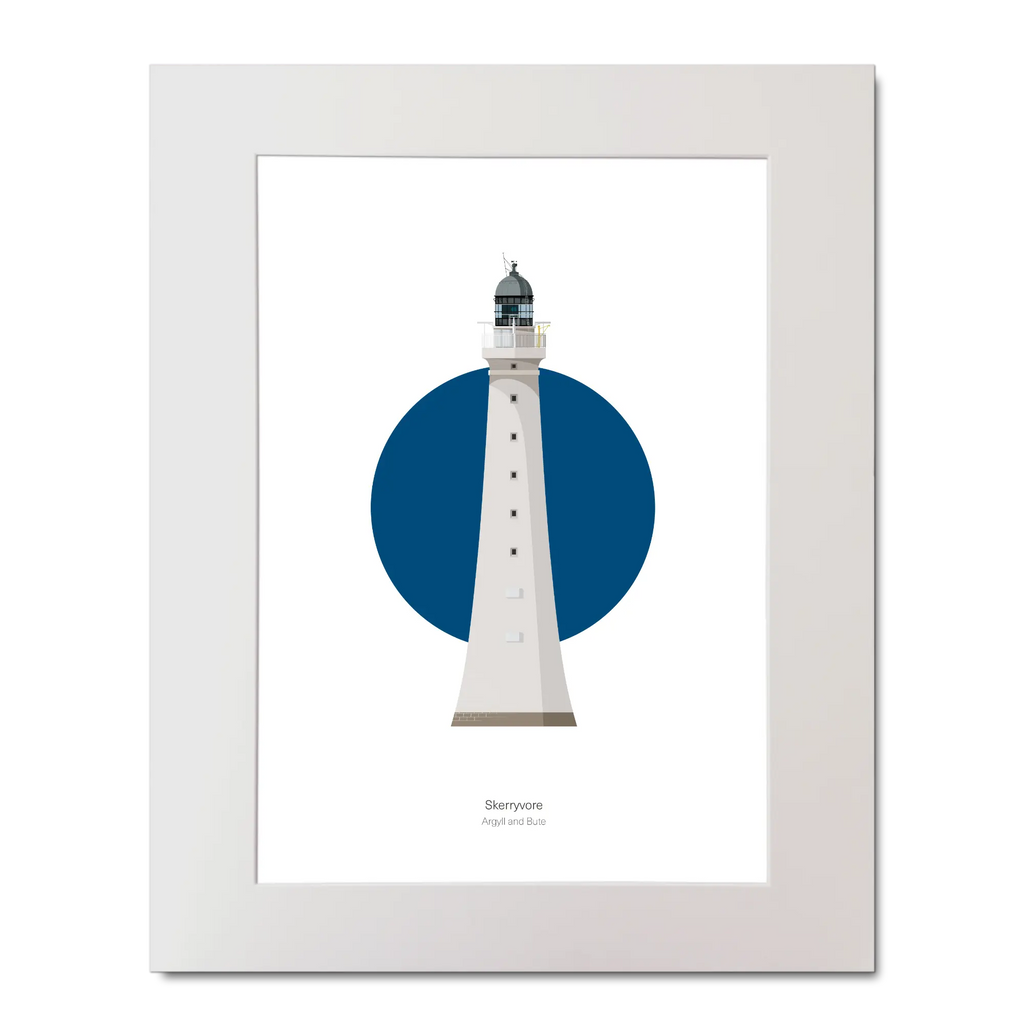 Illustrated artwork of a Scottish lighthouse with a blue circle on a white background