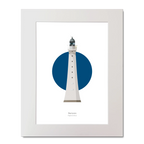 Illustrated artwork of a Scottish lighthouse with a blue circle on a white background