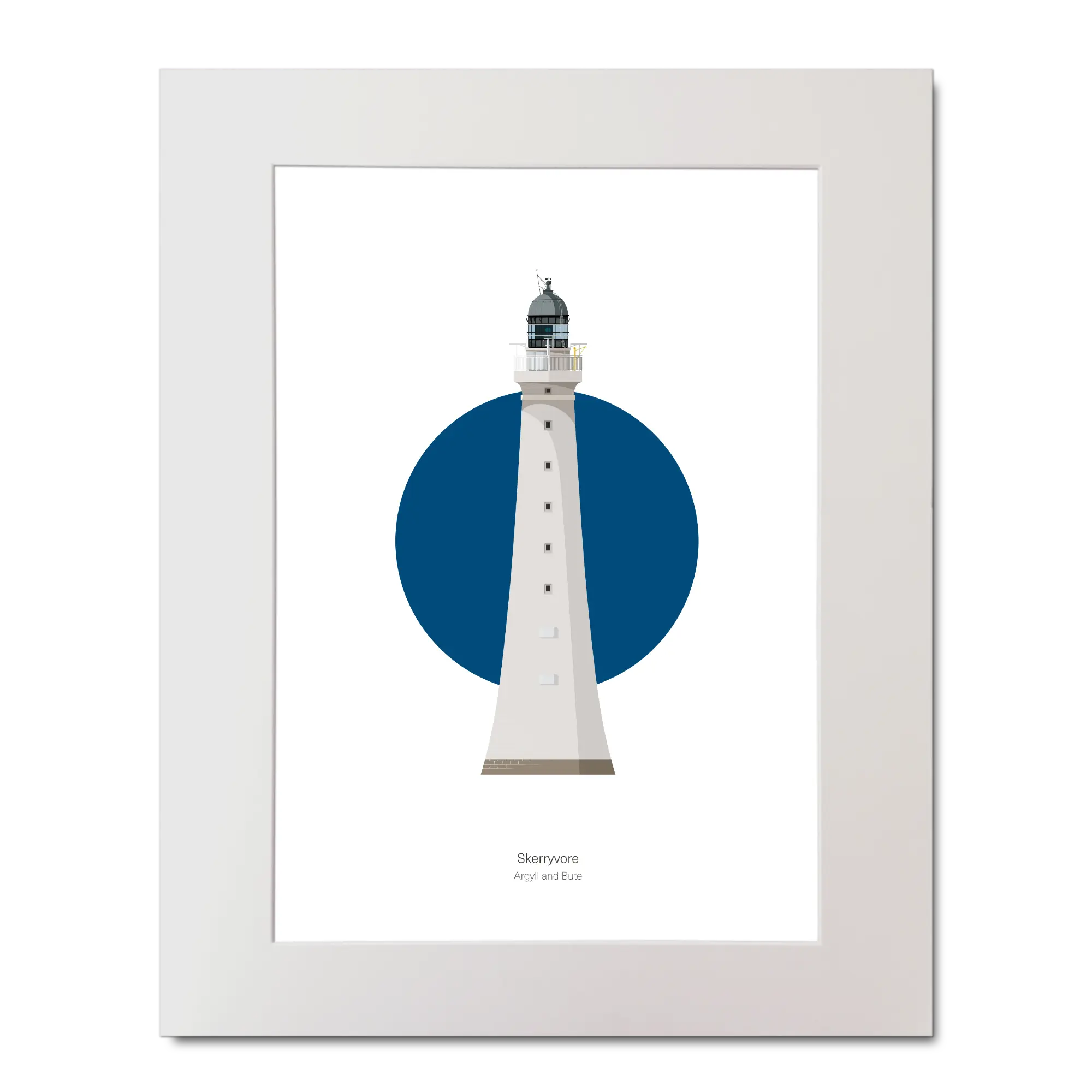 Illustrated artwork of a Scottish lighthouse with a blue circle on a white background