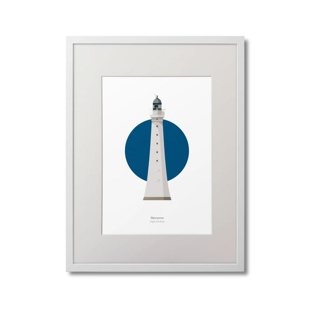 Framed illustration of Skerryvore lighthouse with a blue circle on a white background