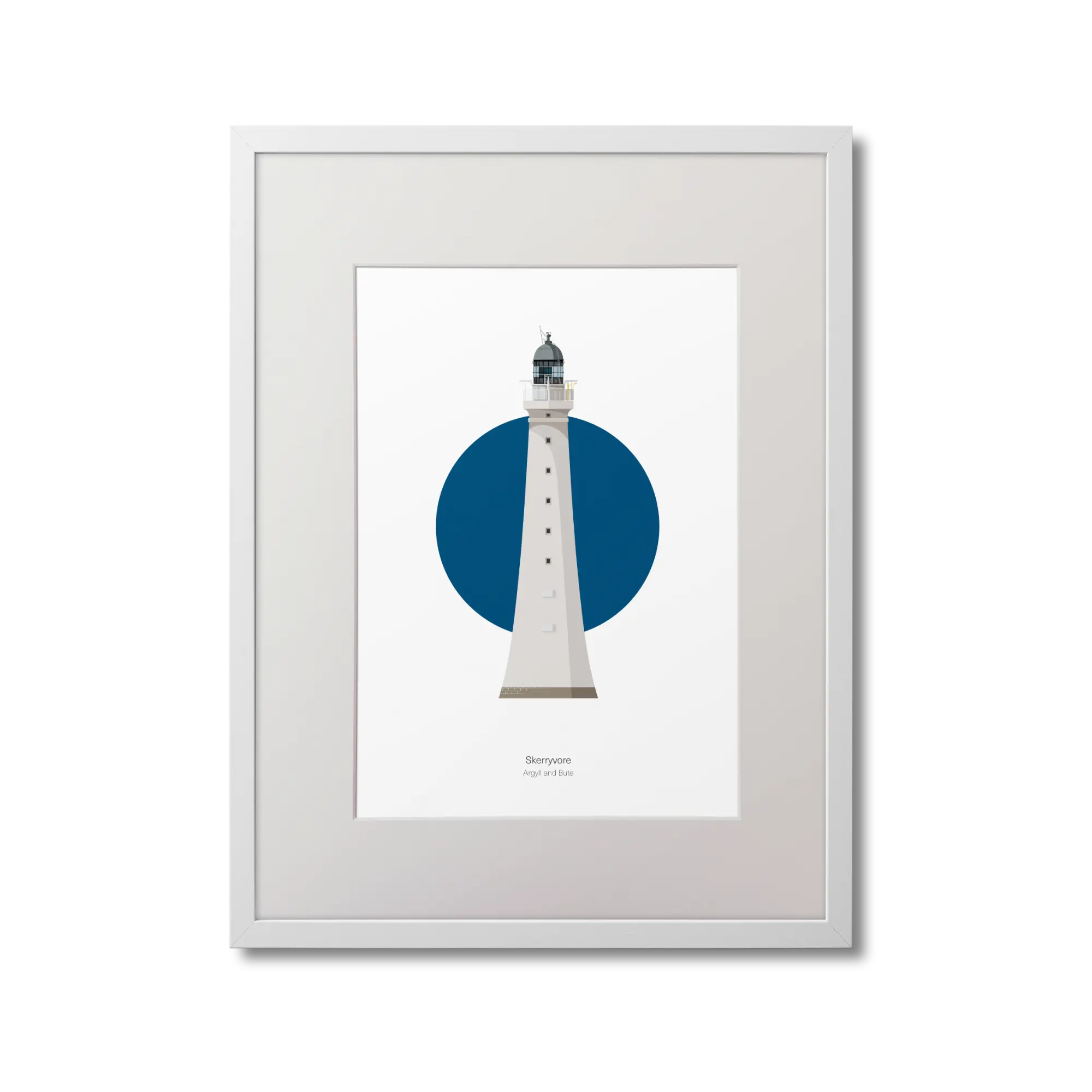 Framed illustration of Skerryvore lighthouse with a blue circle on a white background