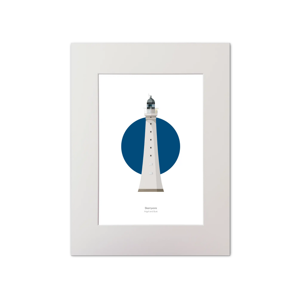 Artwork of Skerryvore lighthouse with a blue circle on a white background