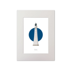 Artwork of Skerryvore lighthouse with a blue circle on a white background