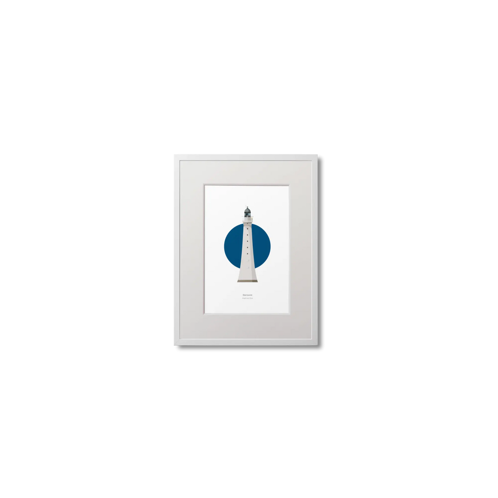 Framed lighthouse artwork with a blue circle and red tower on a white background