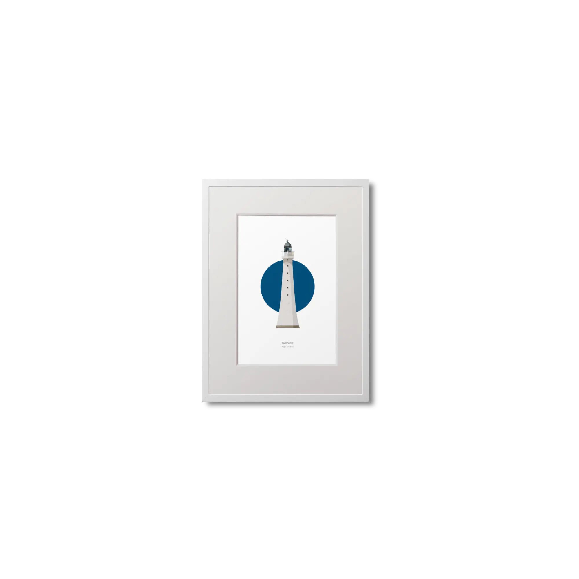 Framed lighthouse artwork with a blue circle and red tower on a white background