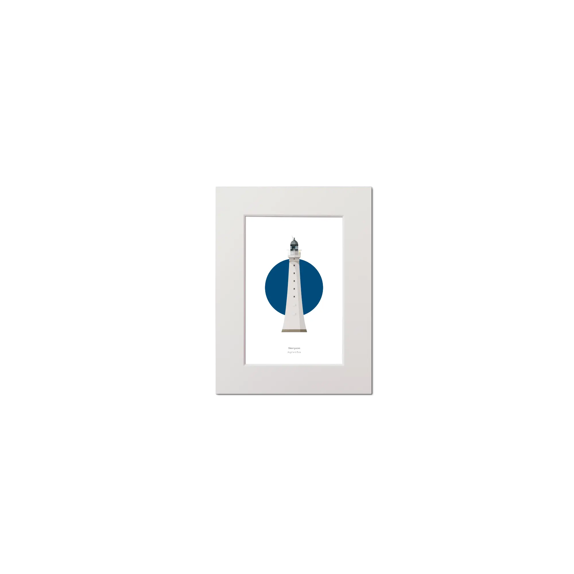 Artwork of Scottish lighthouse Skerryvore with a blue circular background on white