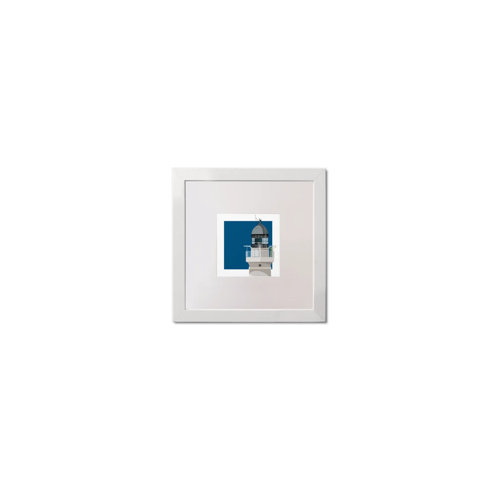 Illustrated artwork of a Scottish lighthouse with a blue square on a white background