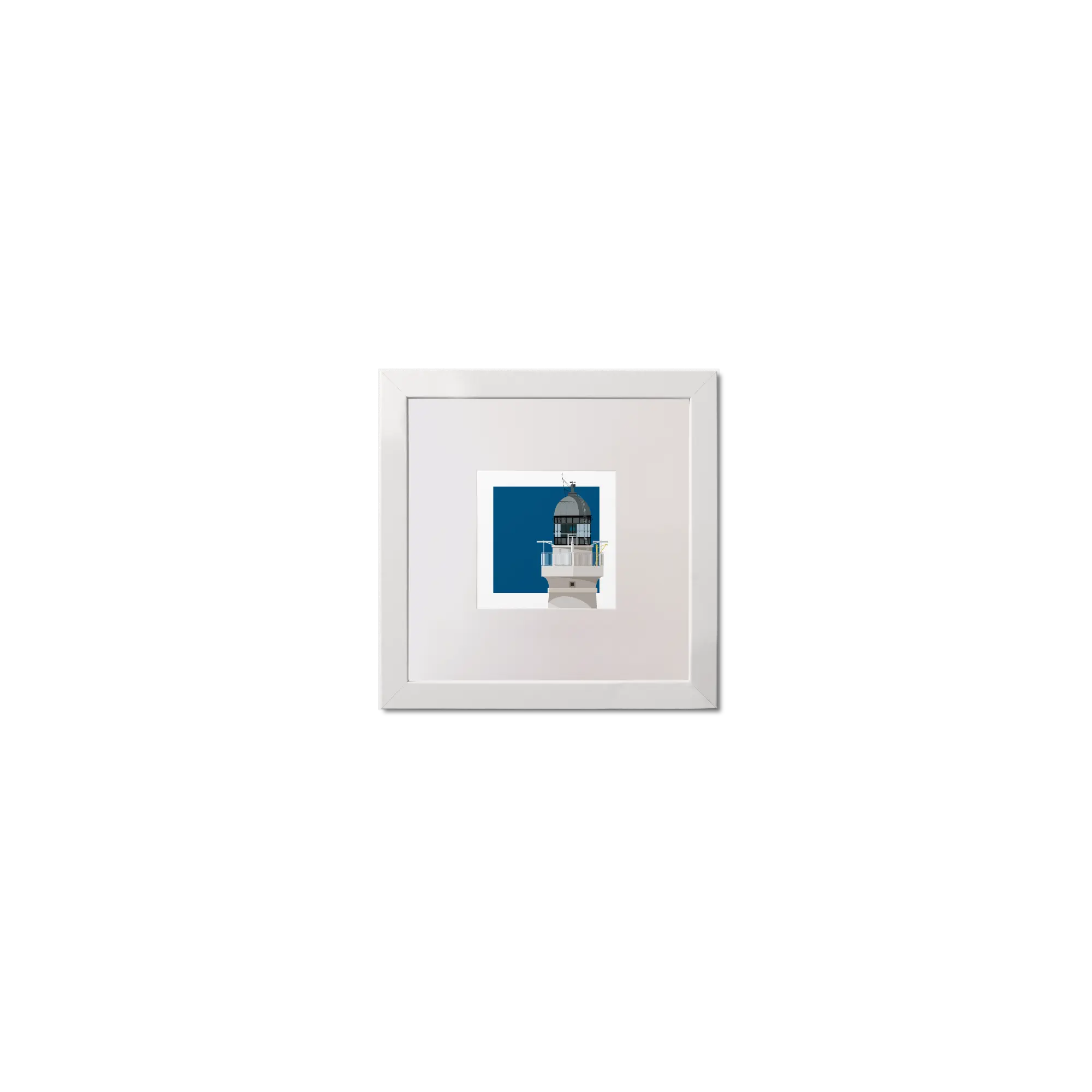 Illustrated artwork of a Scottish lighthouse with a blue square on a white background