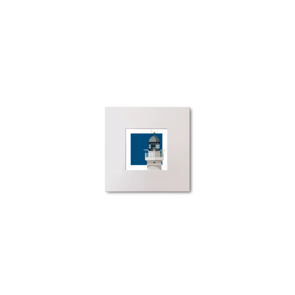 Medium sized square art print of a red lighthouse on a blue square background.