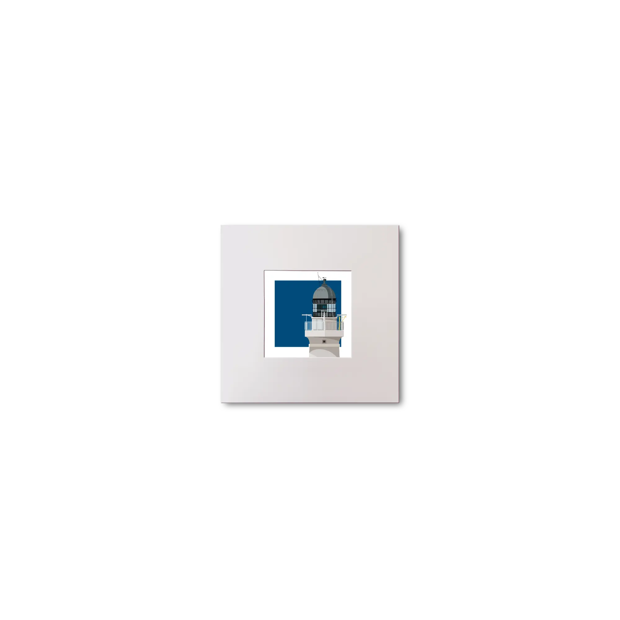 Medium sized square art print of a red lighthouse on a blue square background.