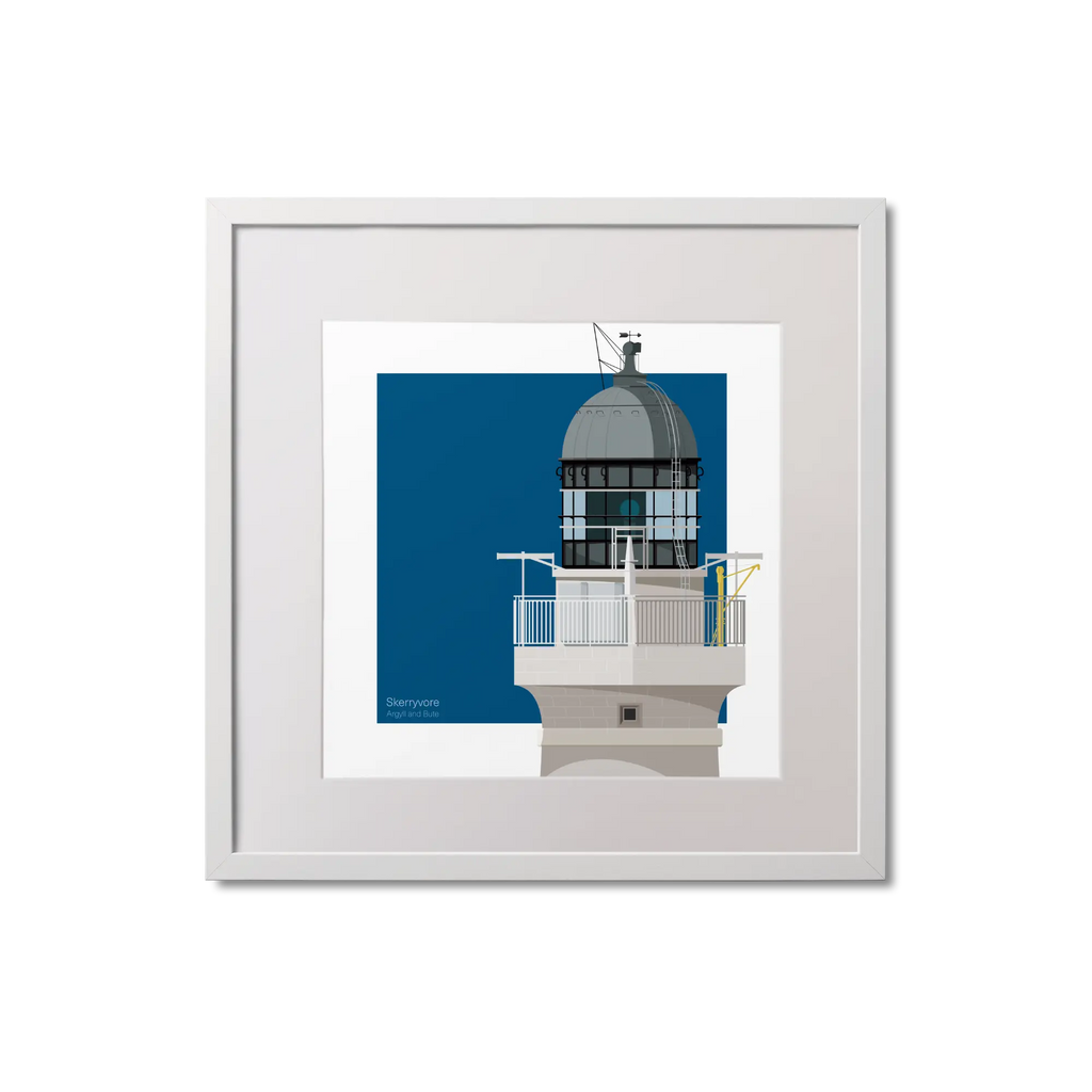 Framed illustration of Skerryvore lighthouse with a blue square on a white background
