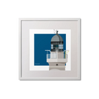 Framed illustration of Skerryvore lighthouse with a blue square on a white background