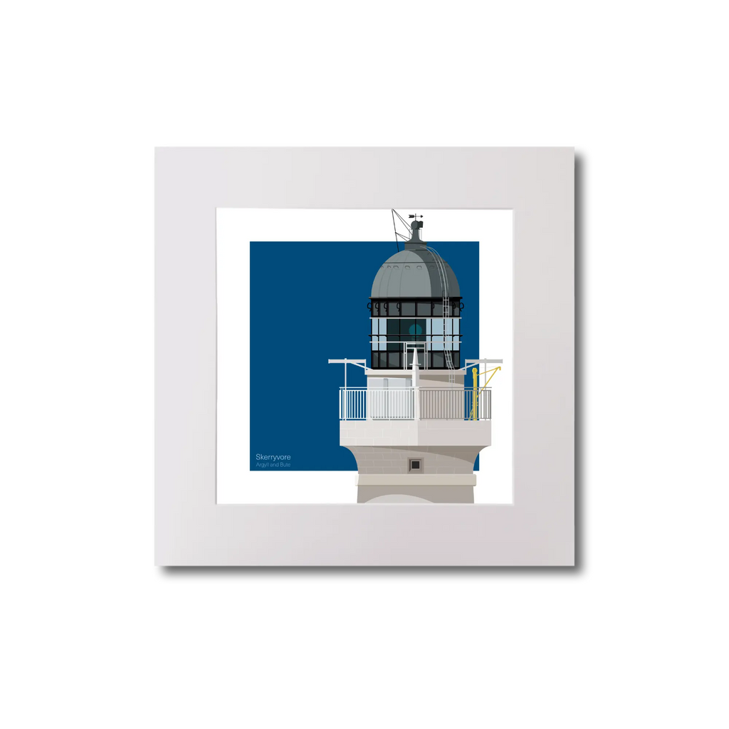 Artwork of Scottish lighthouse Skerryvore with a blue square background on white