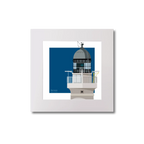 Artwork of Scottish lighthouse Skerryvore with a blue square background on white
