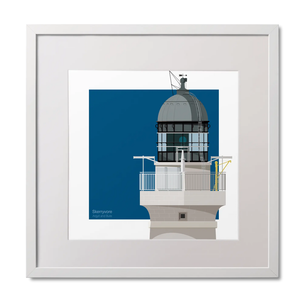 Small illustrated square print of a red lighthouse on a blue square background.
