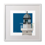 Small illustrated square print of a red lighthouse on a blue square background.