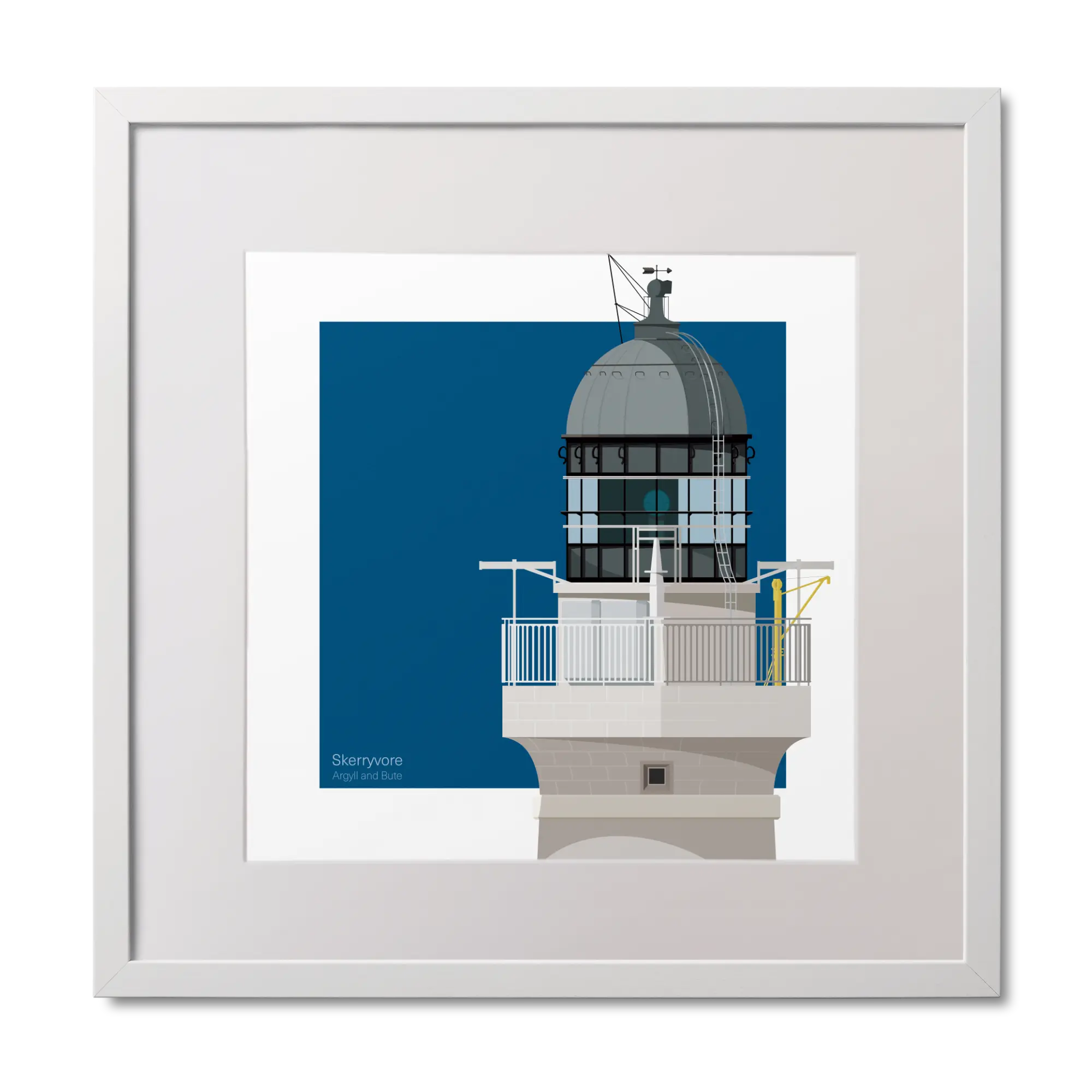 Small illustrated square print of a red lighthouse on a blue square background.