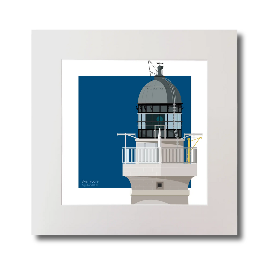 Square artwork of Skerryvore lighthouse with a blue square on a white background