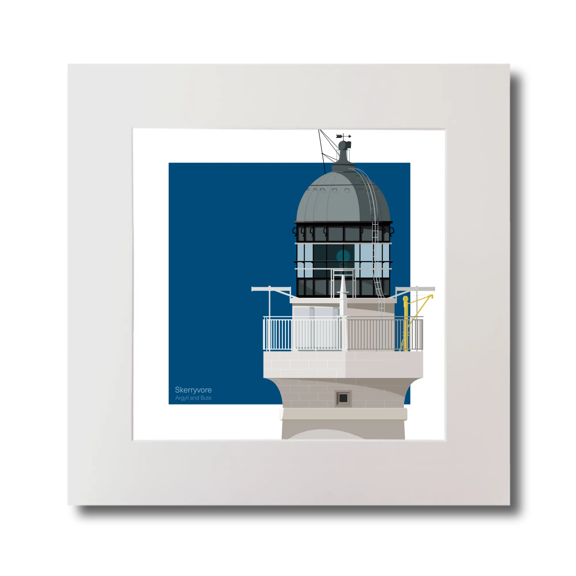 Square artwork of Skerryvore lighthouse with a blue square on a white background