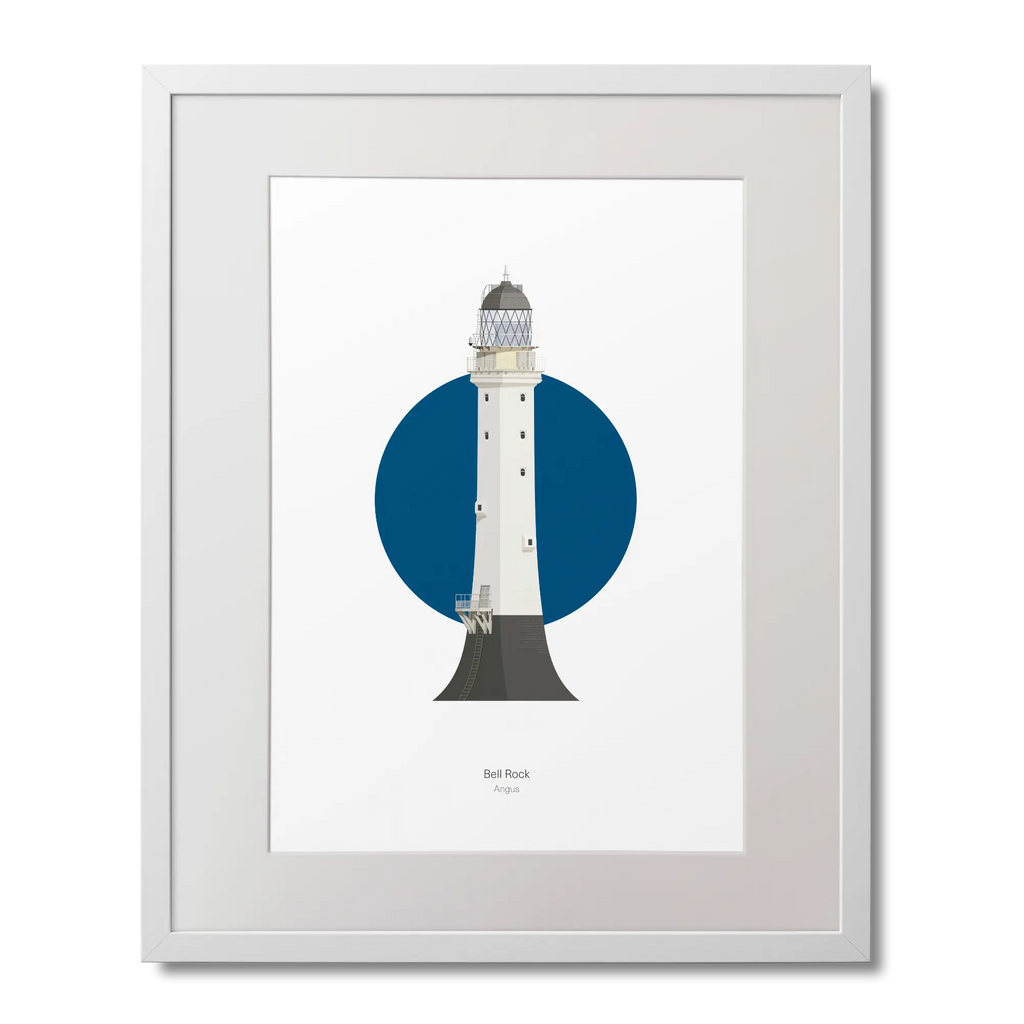 Framed artwork of a lighthouse with a blue circle on a white background