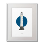 Framed artwork of a lighthouse with a blue circle on a white background