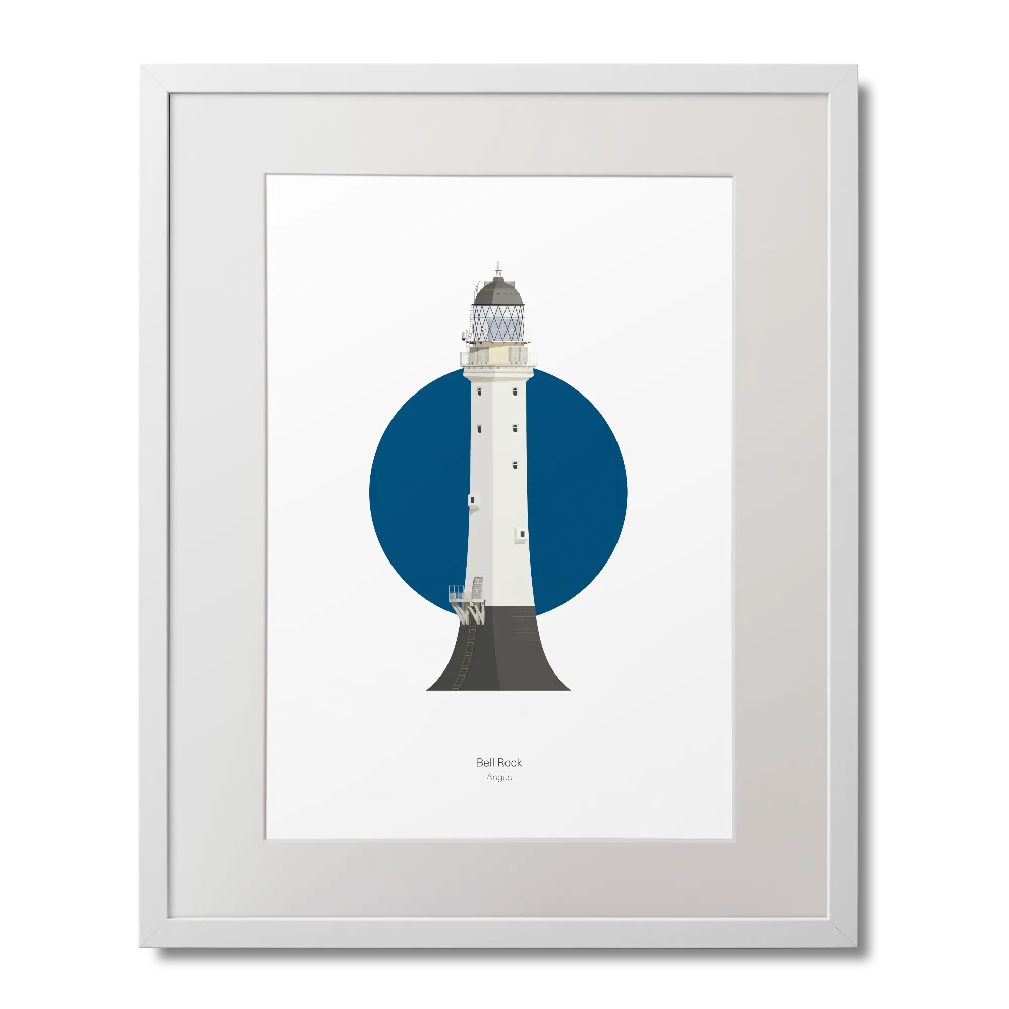 Framed artwork of a lighthouse with a blue circle on a white background