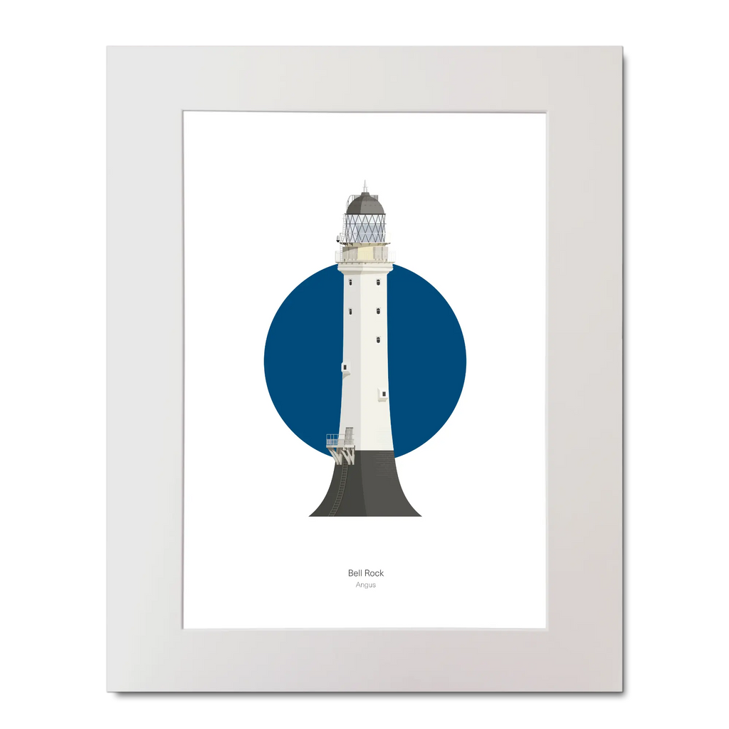 Illustrated artwork of a Scottish lighthouse with a blue circle on a white background